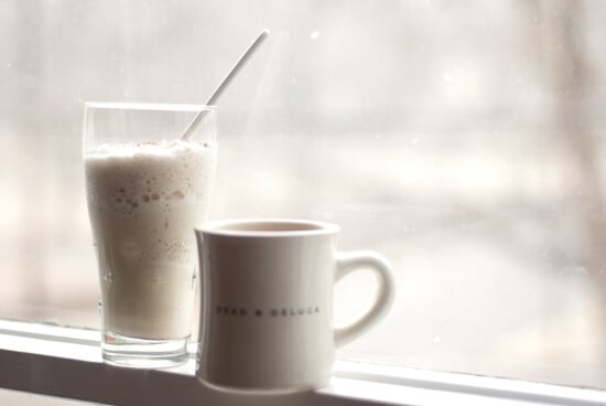 eggnog milkshake and coffee in window ledge