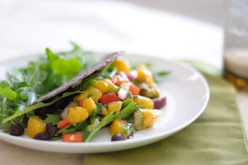 peach salsa tacos with arugula and black beans