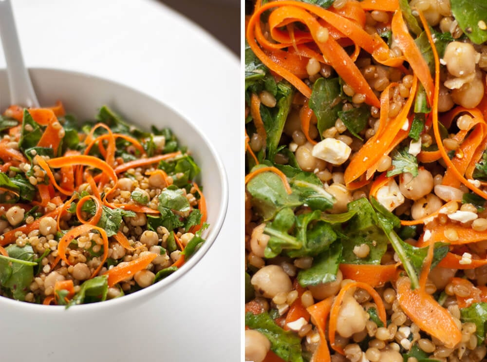 Salad with arugula, carrot, chickpea, feta and wheat berries