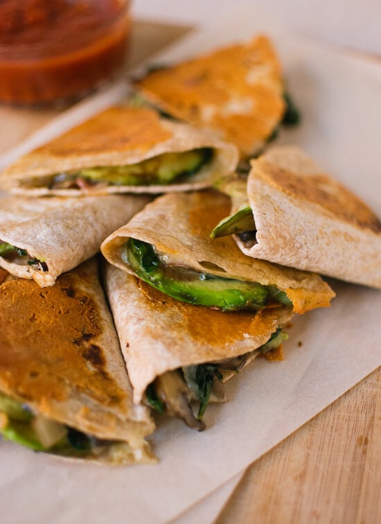 Vegetarian avocado, mushroom and spinach quesadillas