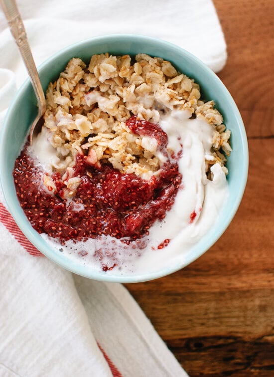 Toasted oatmeal with strawberry chia jam and coconut whipped cream - cookieandkate.com