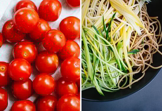 cherry tomatoes and squash spaghetti