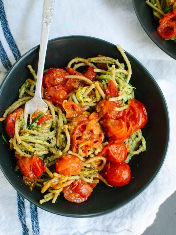 Pesto Squash Noodles and Spaghetti with Burst Cherry Tomatoes