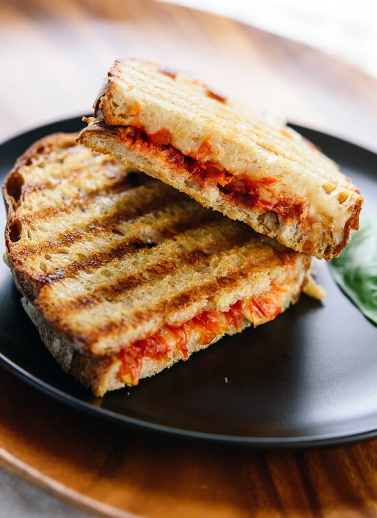 Tomato jam panini with mozzarella and basil! cookieandkate.com