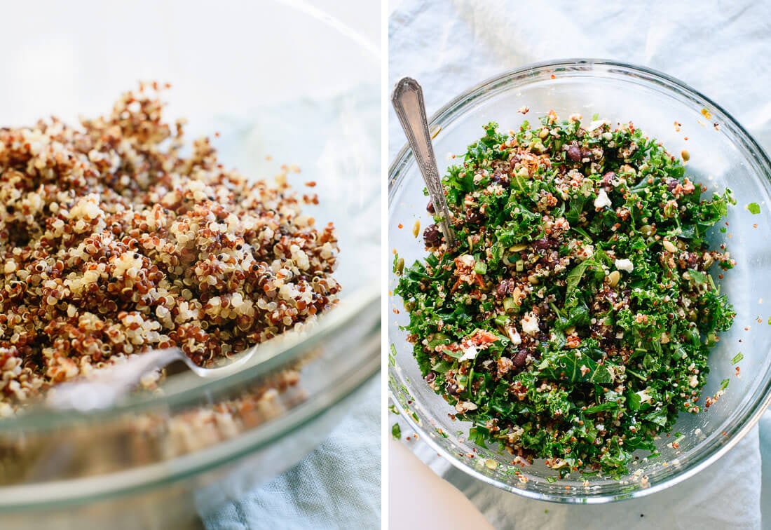 cooked quinoa stirred into kale salad