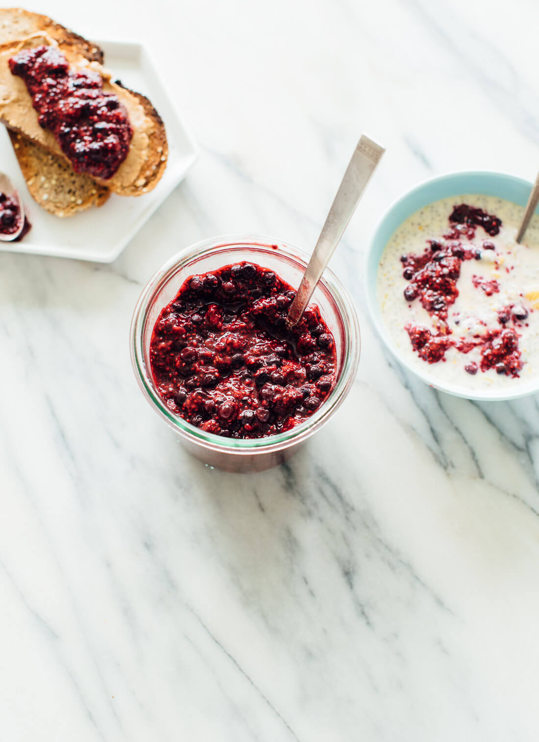 This tasty (and so simple) berry chia jam recipe is made with defrosted frozen berries, no cooking required!