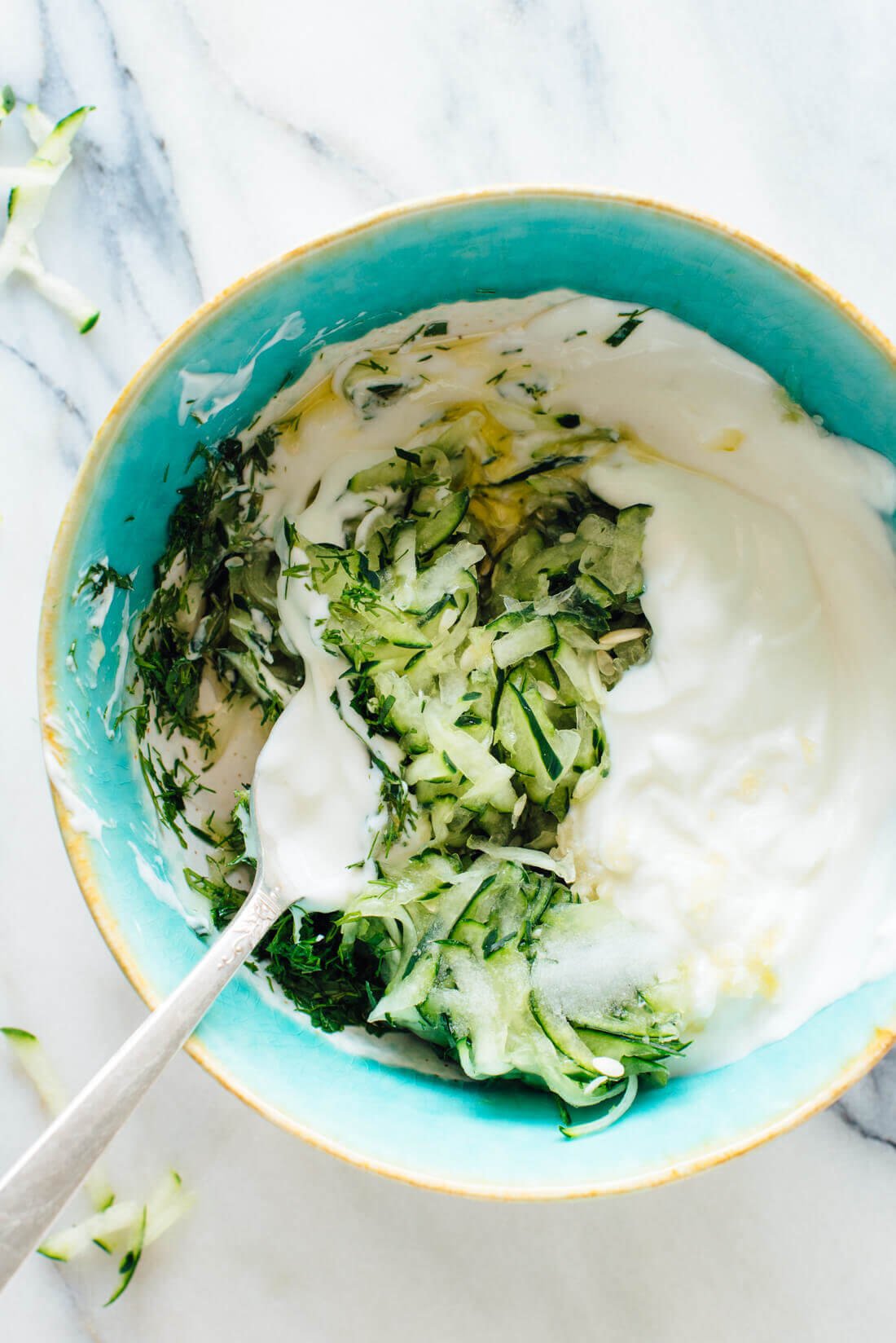 Greek Tzatziki sauce made with cucumber, yogurt, fresh dill and mint!