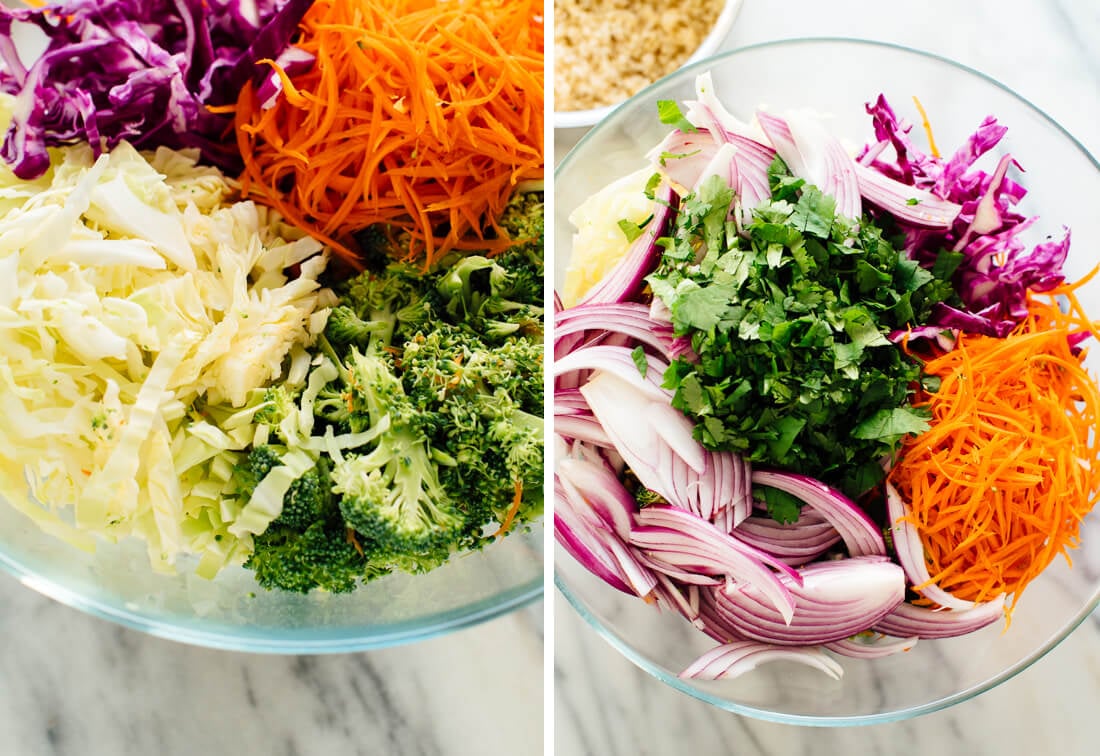 slaw ingredients (sliced broccoli, cabbage, carrot, red onion, cilantro, and quinoa)