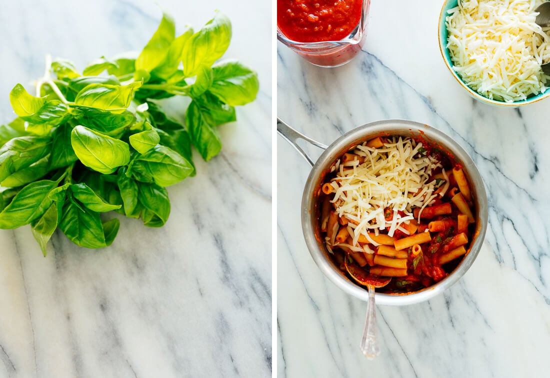 basil and cooked pasta with marinara