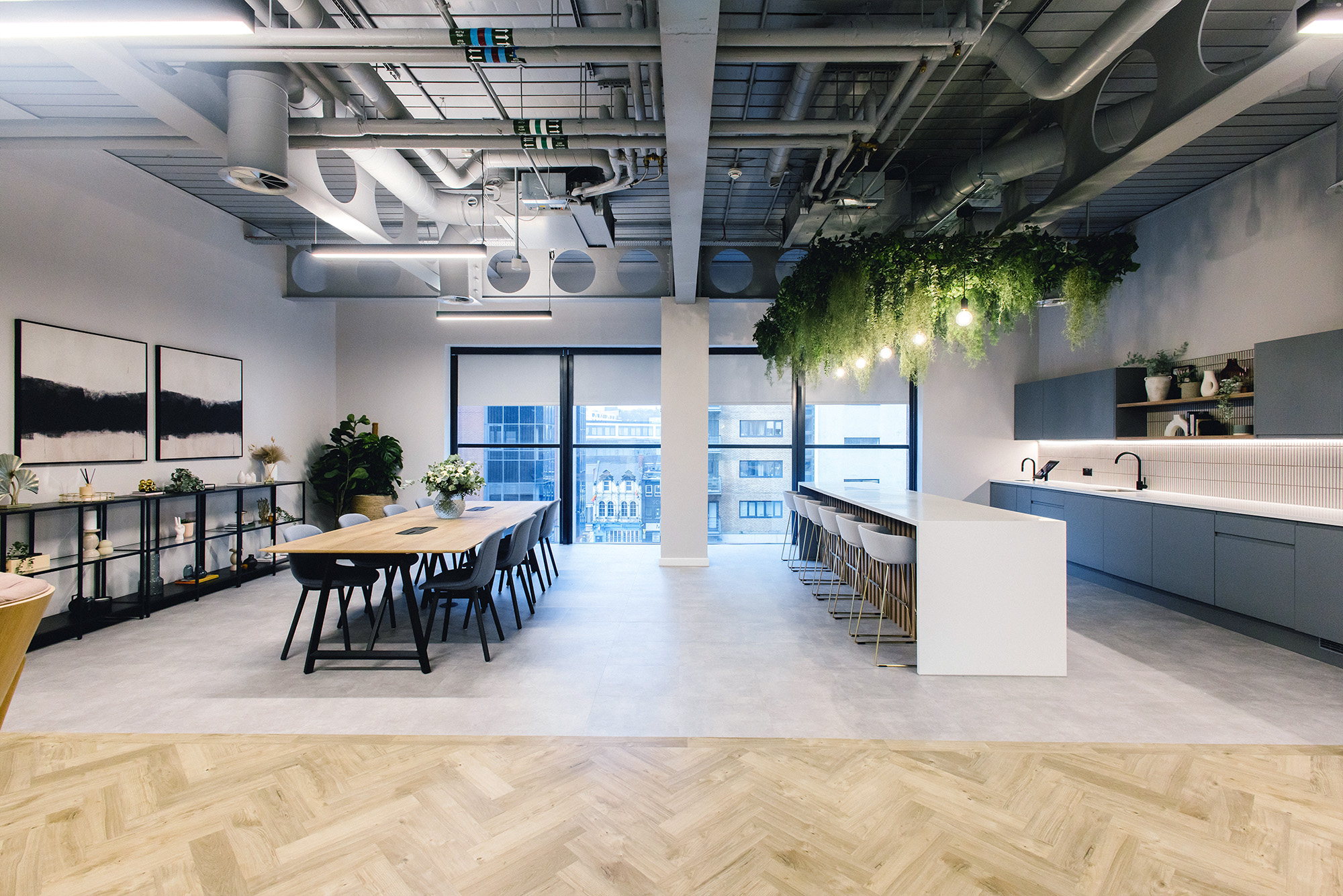 Orega kitchen area of their office space.