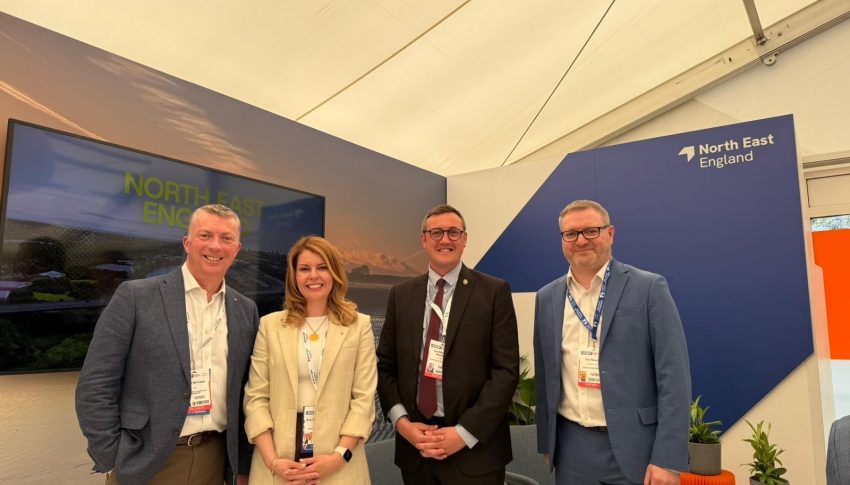 A photograph of North East Mayor Kim McGuinness with Cllr Micheal Mordey, Portfolio holder for Finance and Investment, North East Combined Authority, Tim Newns, Managing Director Office for Investment, John McCabe, Chief Executive, North East Chamber of Commerce and Chair of the Business & Economy Board at North East Combined Authority and Sanda Manson, Vice-Chair of the Business & Economy Board and chair of the business organisation Developing Consensus.