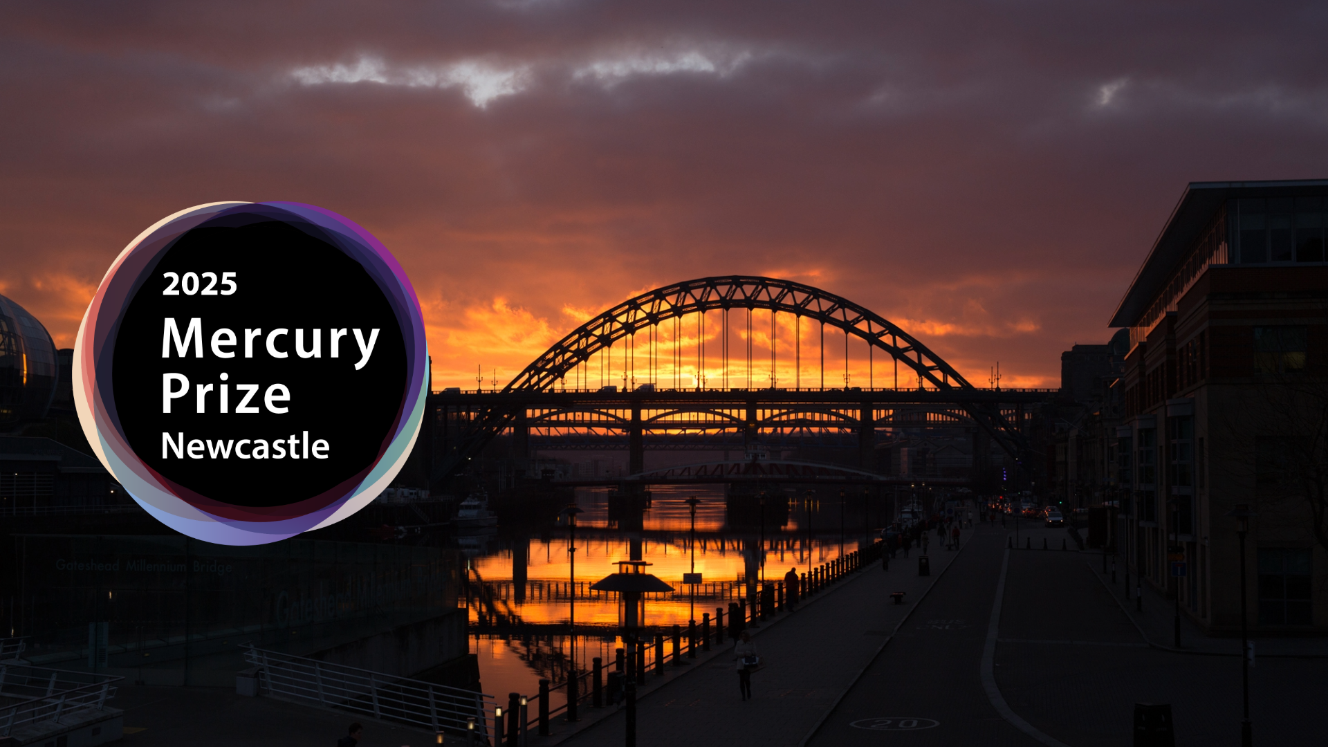 Newcastle Quayside skyline at sunset with Mercury Prize 2025 logo overlayed.