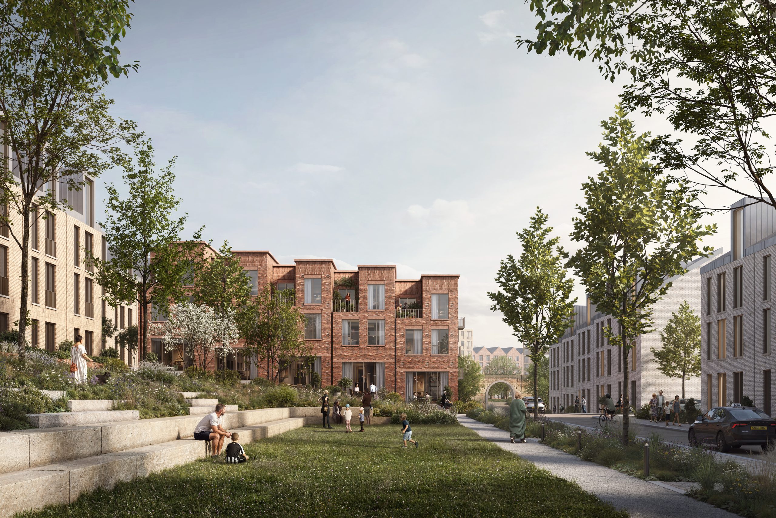 CGI of Forth Yards site with flats surrounding a green park surrounded by trees.